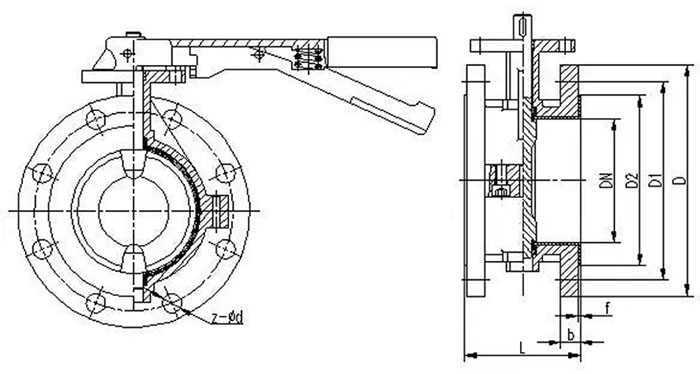 D41F手動法蘭蝶閥，不銹鋼法蘭蝶閥，襯四氟法蘭蝶閥結(jié)構(gòu)尺寸